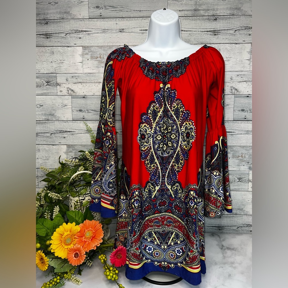 Suburban Mangos red,white and blue jeweled on or off the shoulder dress.
